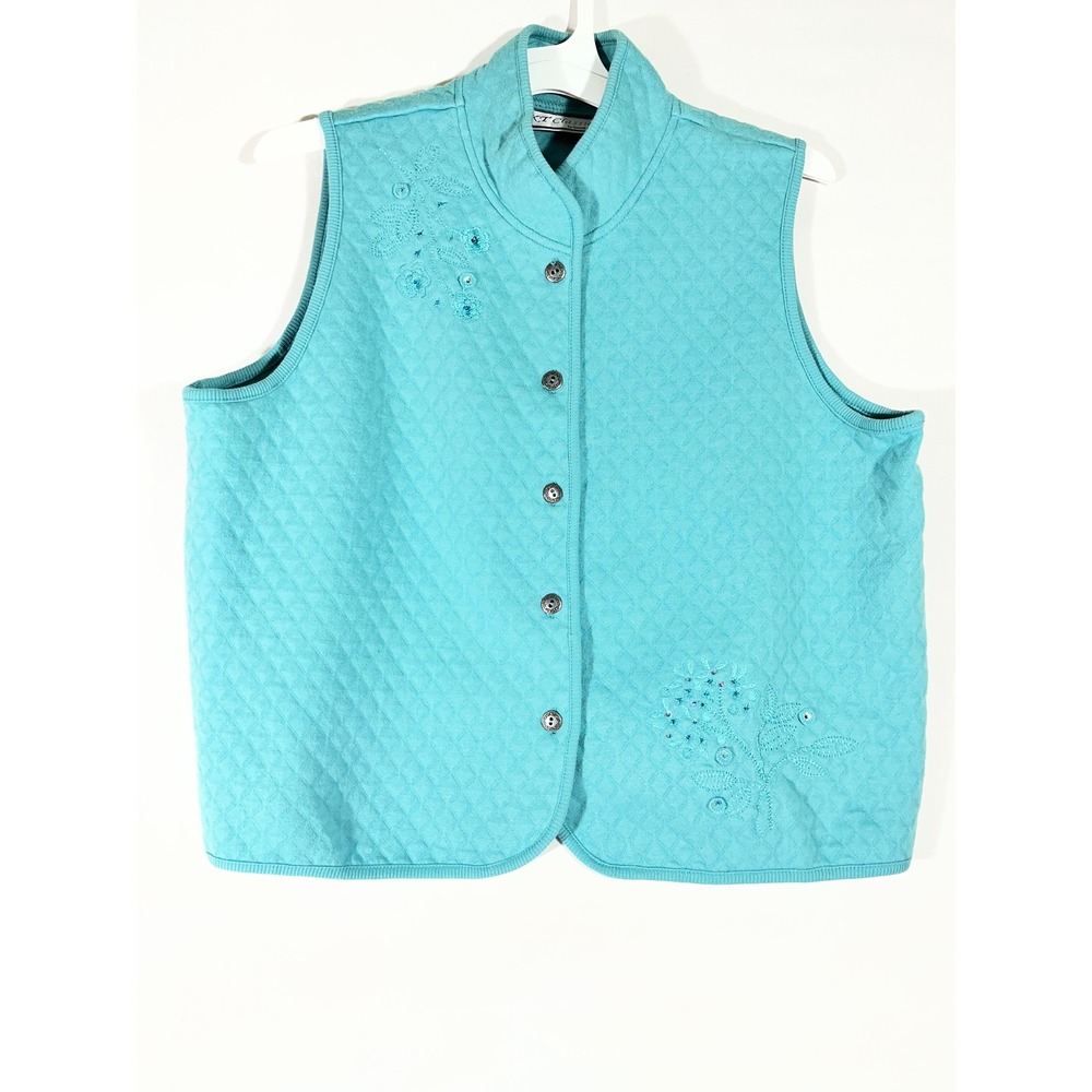 KT Classics Quilted Floral Embroidered Vest Women L 
Turquoise Shabby Chic Comfy